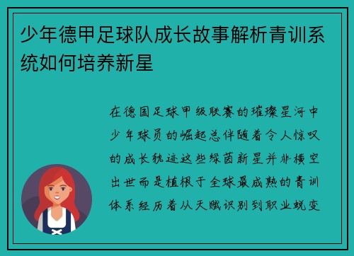 少年德甲足球队成长故事解析青训系统如何培养新星